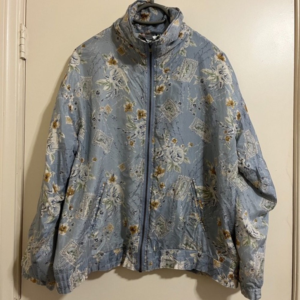 Vtg EVR Women 100% Silk Floral Script Bomber Jacket Large Cottage Boho Artsy 90s
